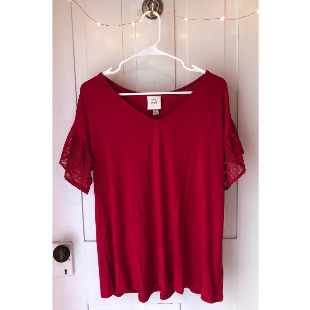 Red V-Neck Blouse with Lace Short Sleeves